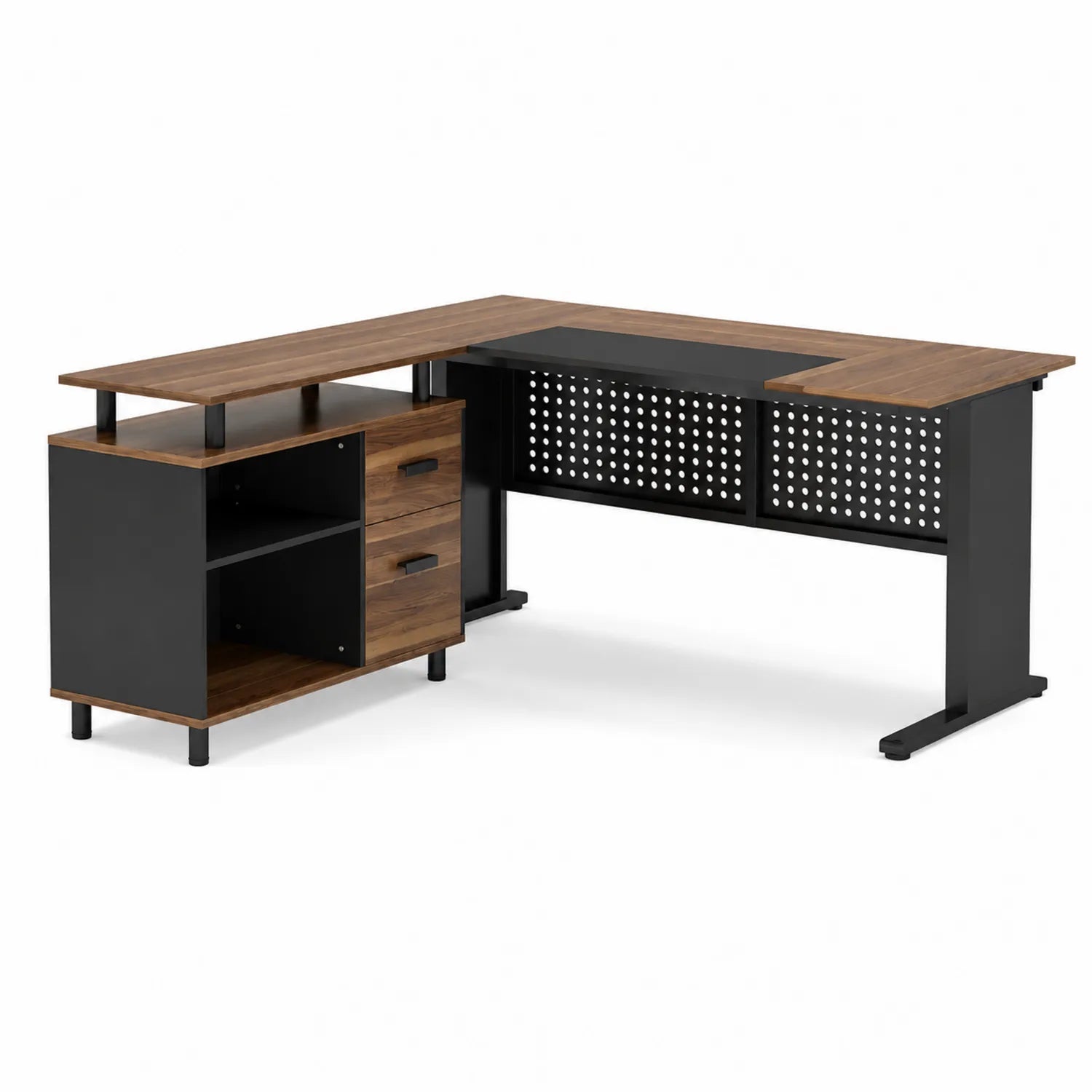 Escritorio en L de Madera de Nogal y Metal Negro con Cajones 150x120x75 cm