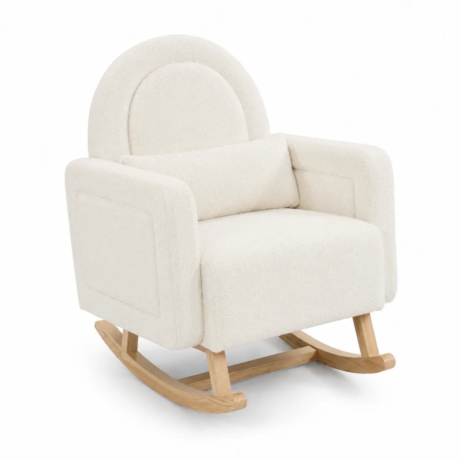 Silla mecedora de tela beige con estructura de madera
