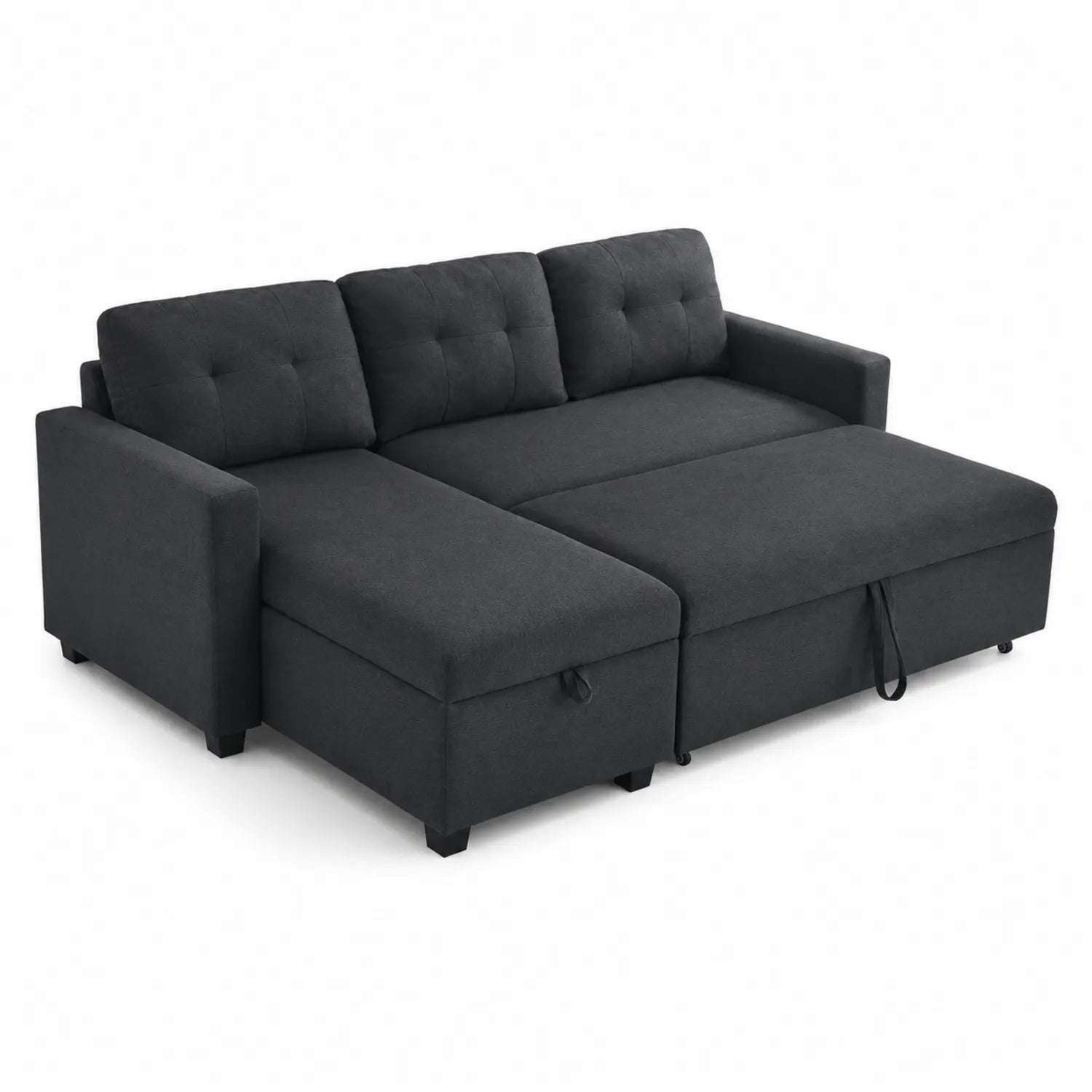 Sofá cama en L con almacenamiento y tela de poliéster gris oscuro
