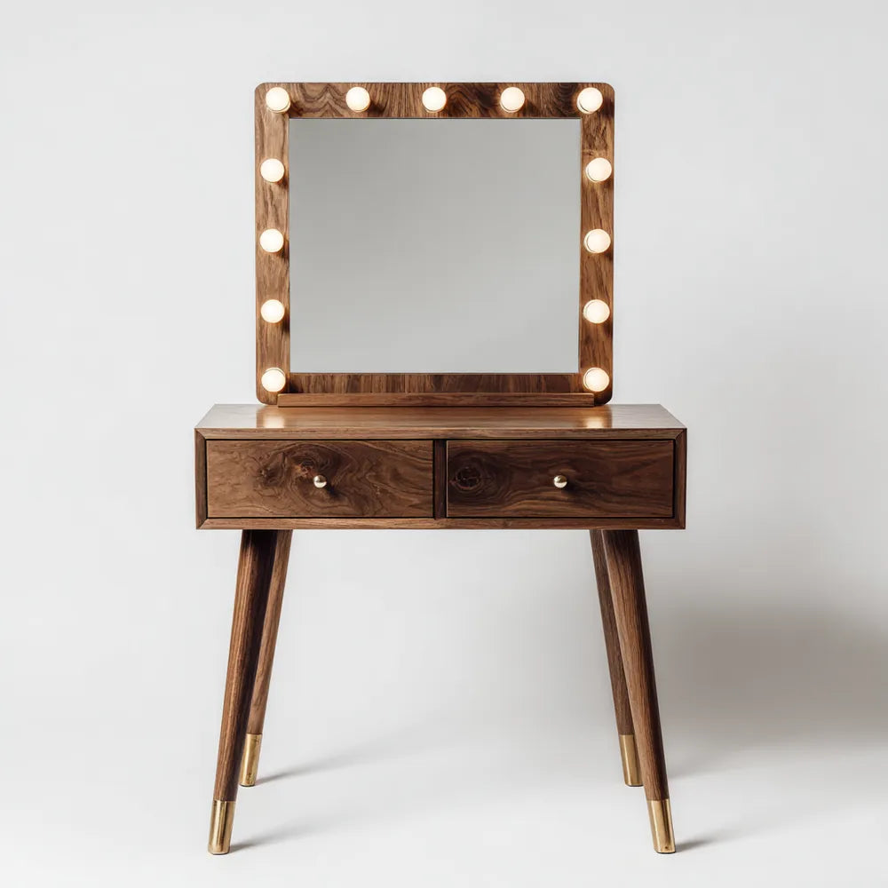 Vanity Table Set 120x45x140 cm Wooden with Mirror and Lights - Walnut Finish - Modern Design