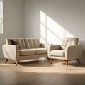Sofa Set Fabric Upholstered 150x85x90 cm & Armchair 80x85x90 cm - Beige - Mid-Century Design