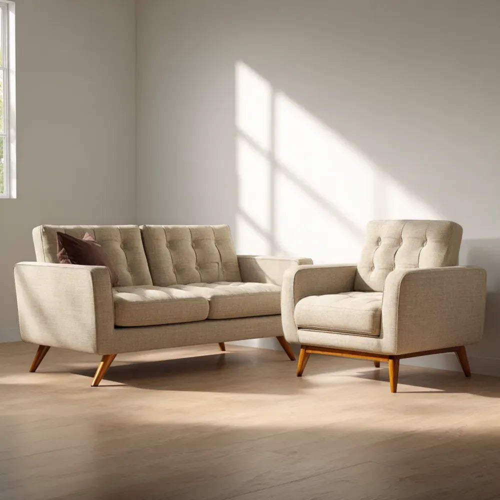 Sofa Set Fabric Upholstered 150x85x90 cm & Armchair 80x85x90 cm - Beige - Mid-Century Design