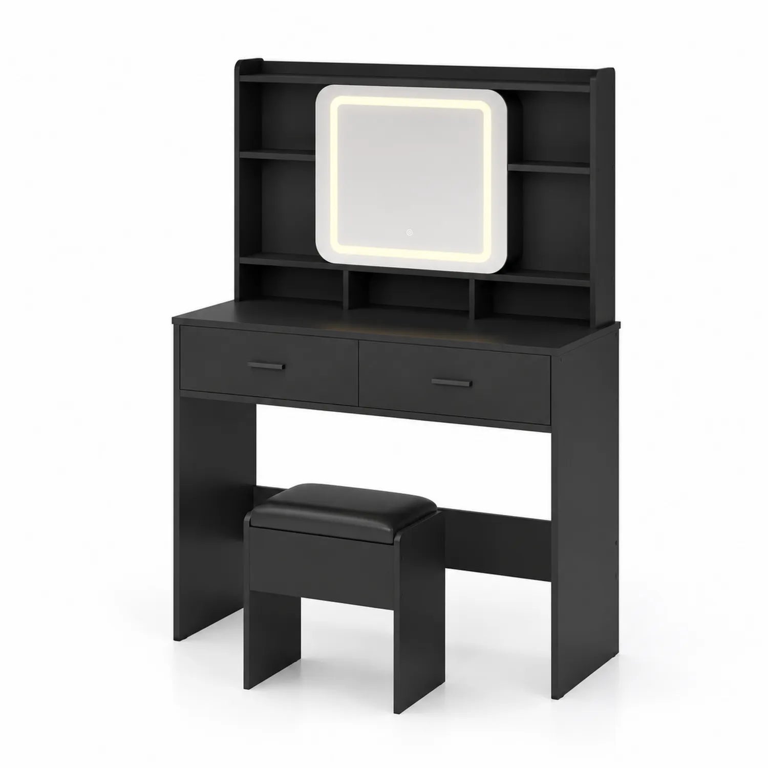 Tocador de madera negro con espejo LED y taburete
