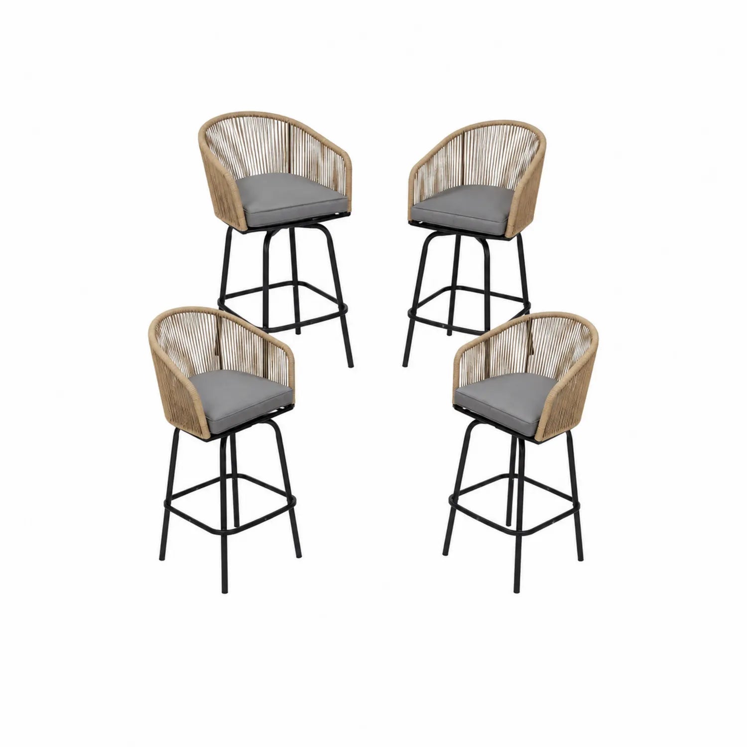 Set de 4 sillas de bar de exterior de ratán y acero con cojines grises