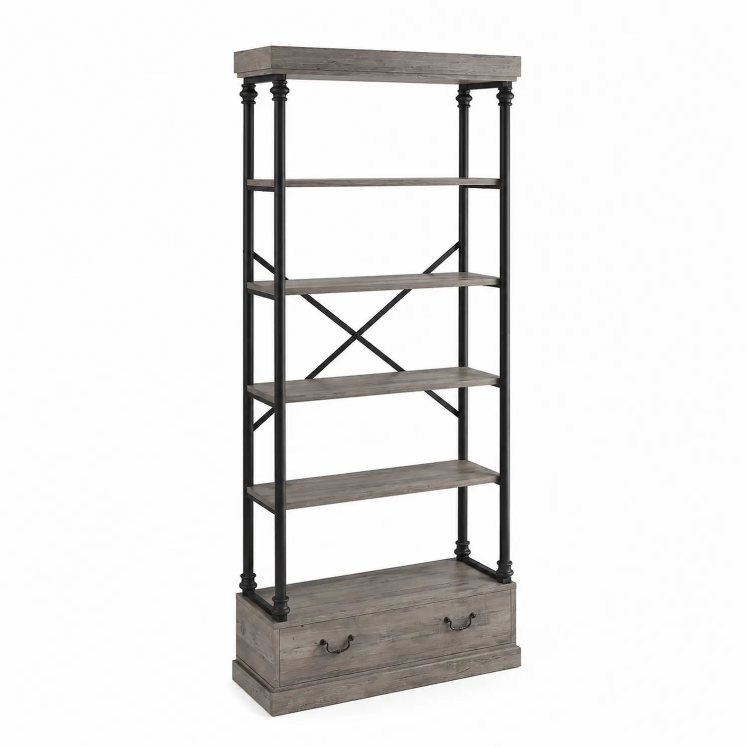 Estantería de Madera y Metal con 5 Estantes y Cajón Inferior Gris
