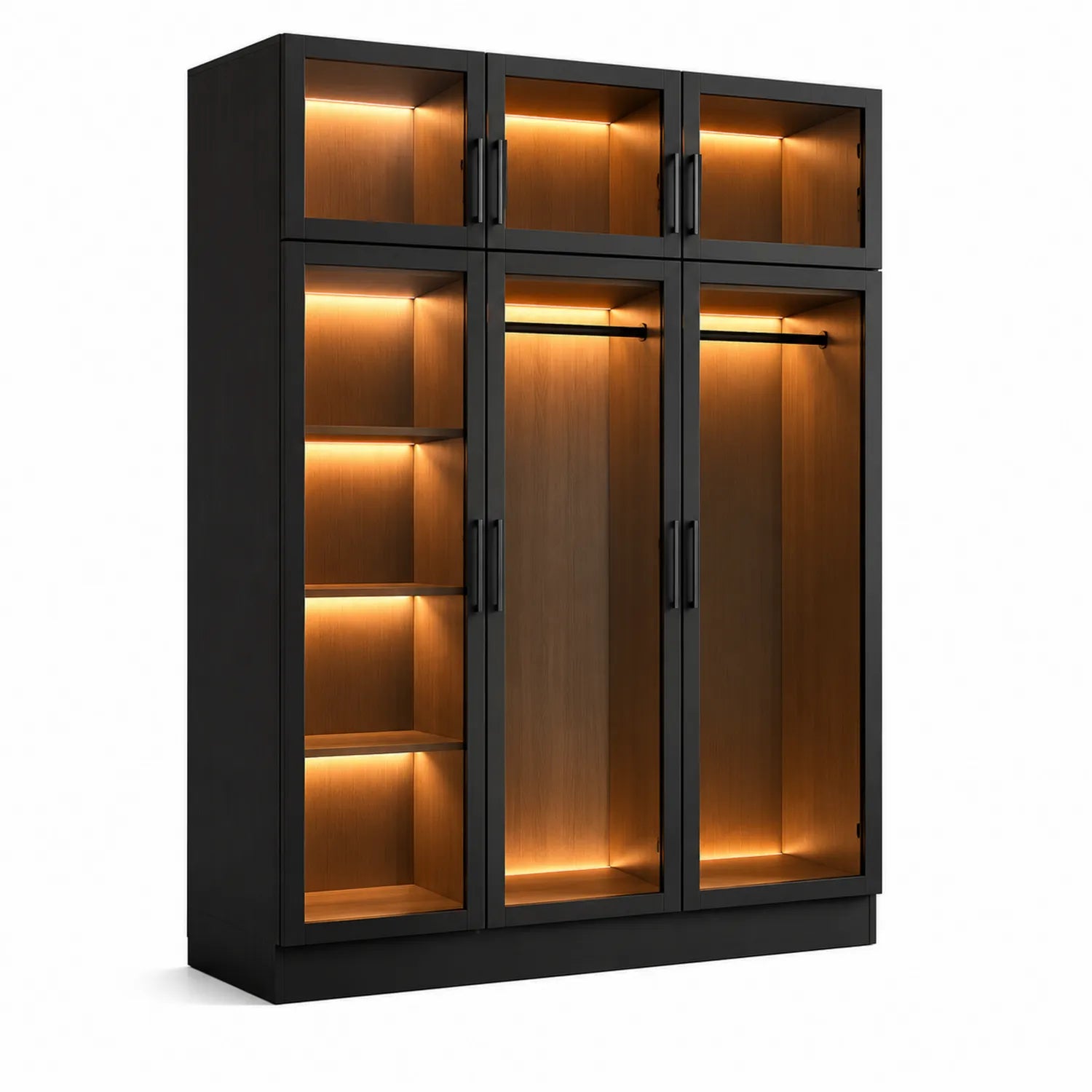 Armario de madera con iluminación LED y puertas de vidrio templado 210x180x60 cm