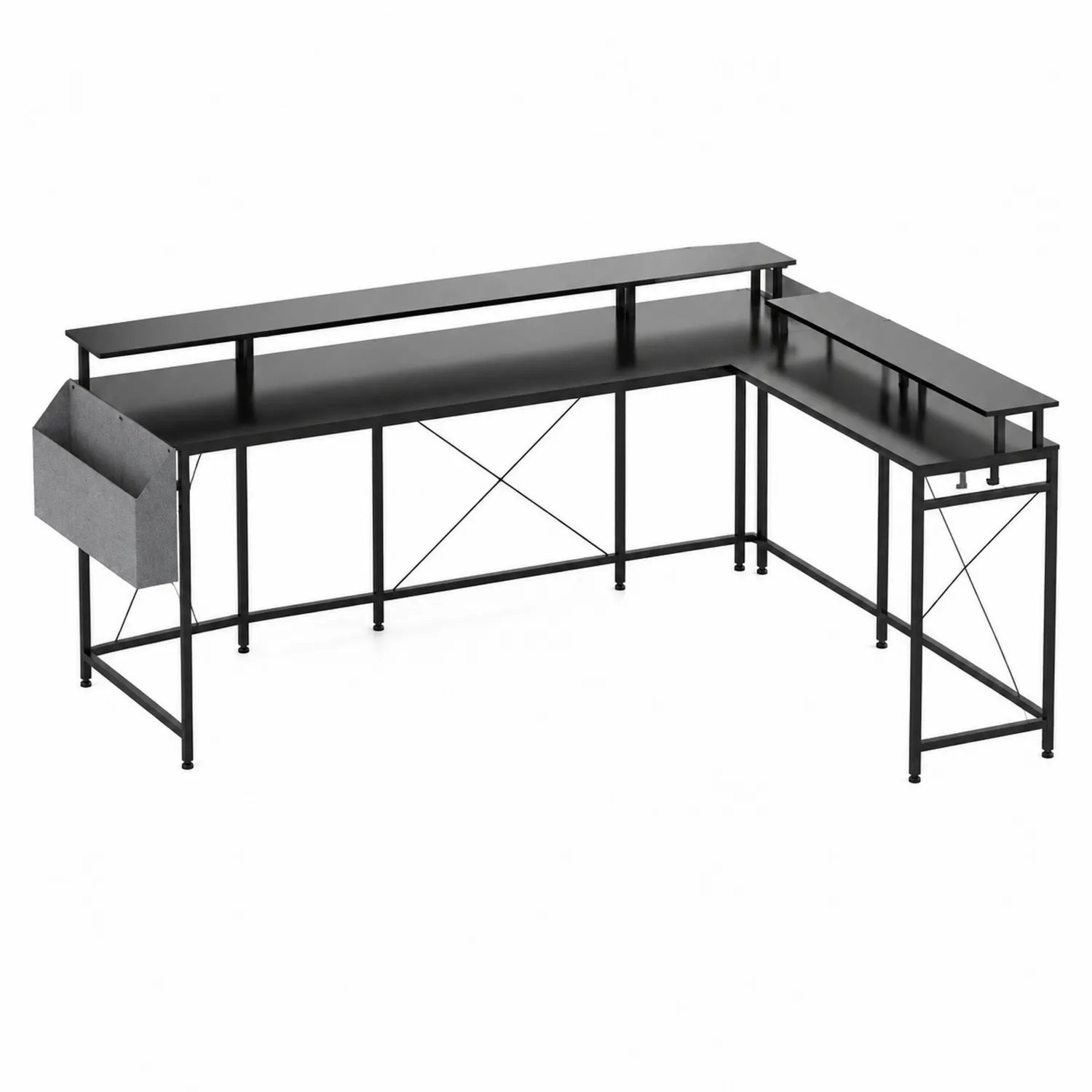 Escritorio en forma de L de MDF y Metal con Soporte de Tela Negro