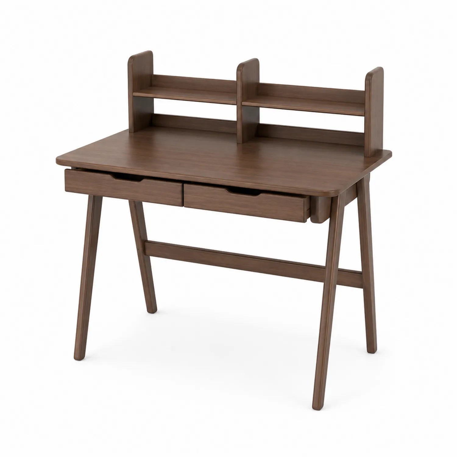 Escritorio de madera marrón con estantería y cajones