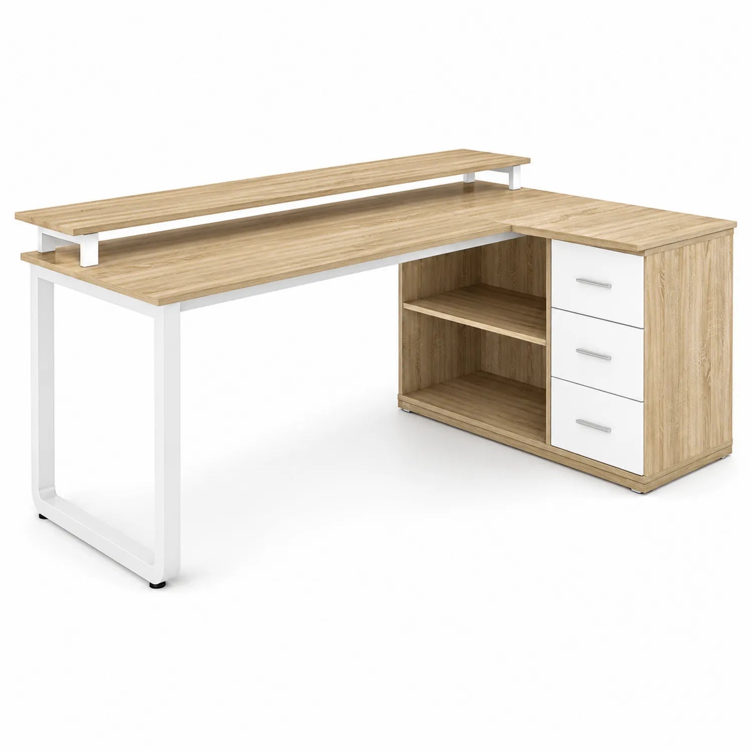 Escritorio en forma de L de MDF y metal blanco con estantes y cajones