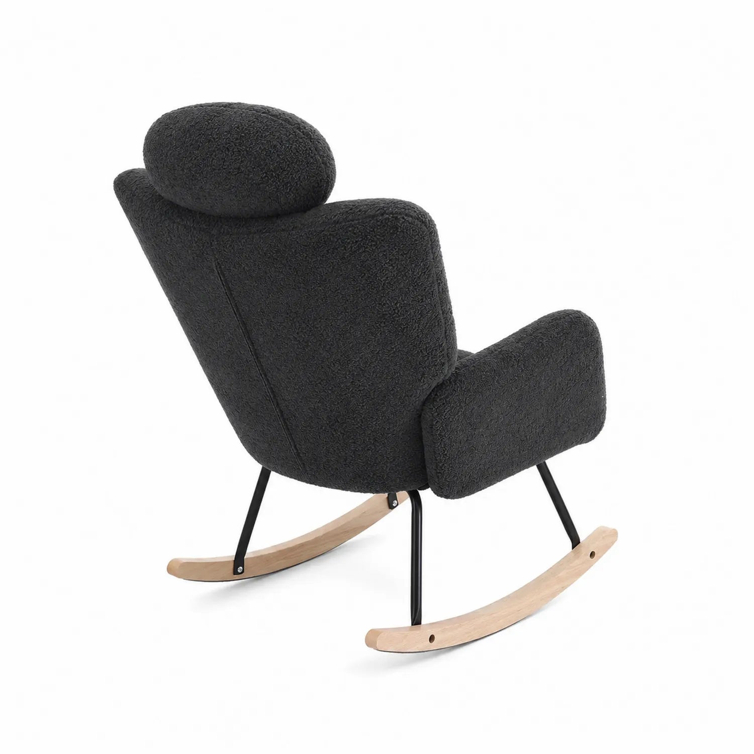 Silla mecedora de bouclé negro con base de madera y metal