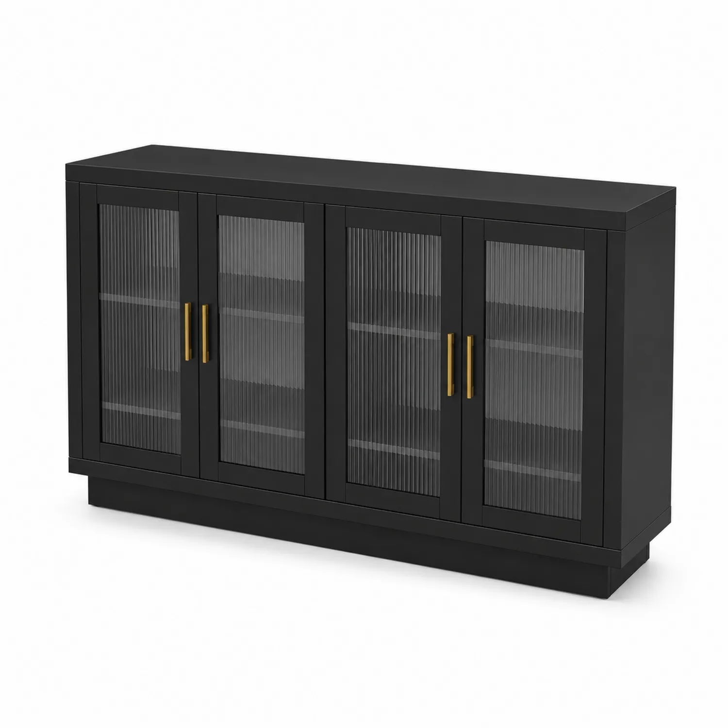 Aparador negro con puertas de vidrio templado acanalado y tiradores de metal 160x40x80cm