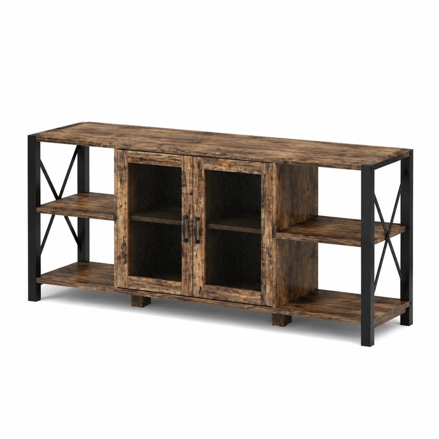 Mueble de TV de Madera y Metal Marrón Rústico con Puertas de Rejilla, 150 cm