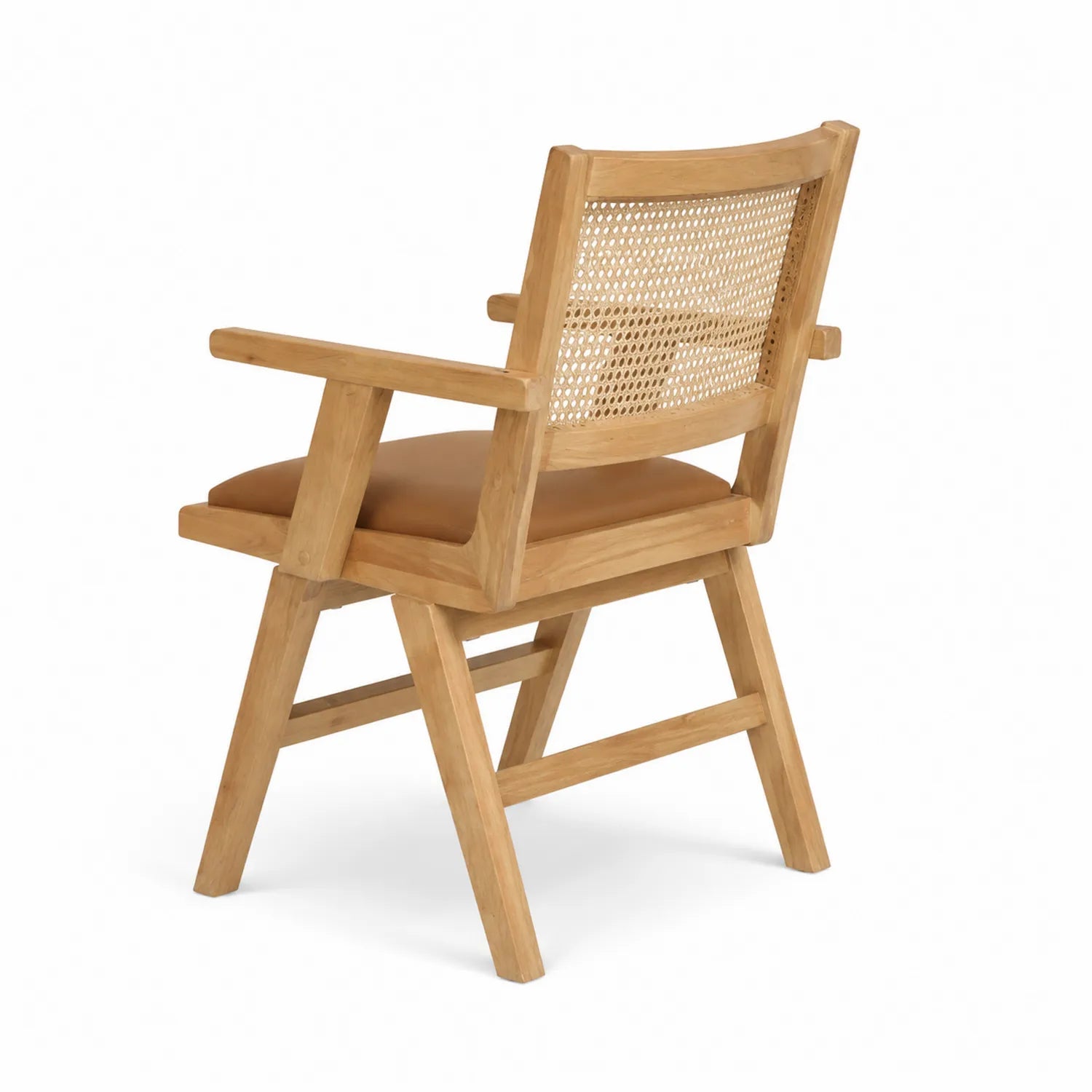 Silla de comedor de madera con mimbre y asiento tapizado en cuero sintético marrón