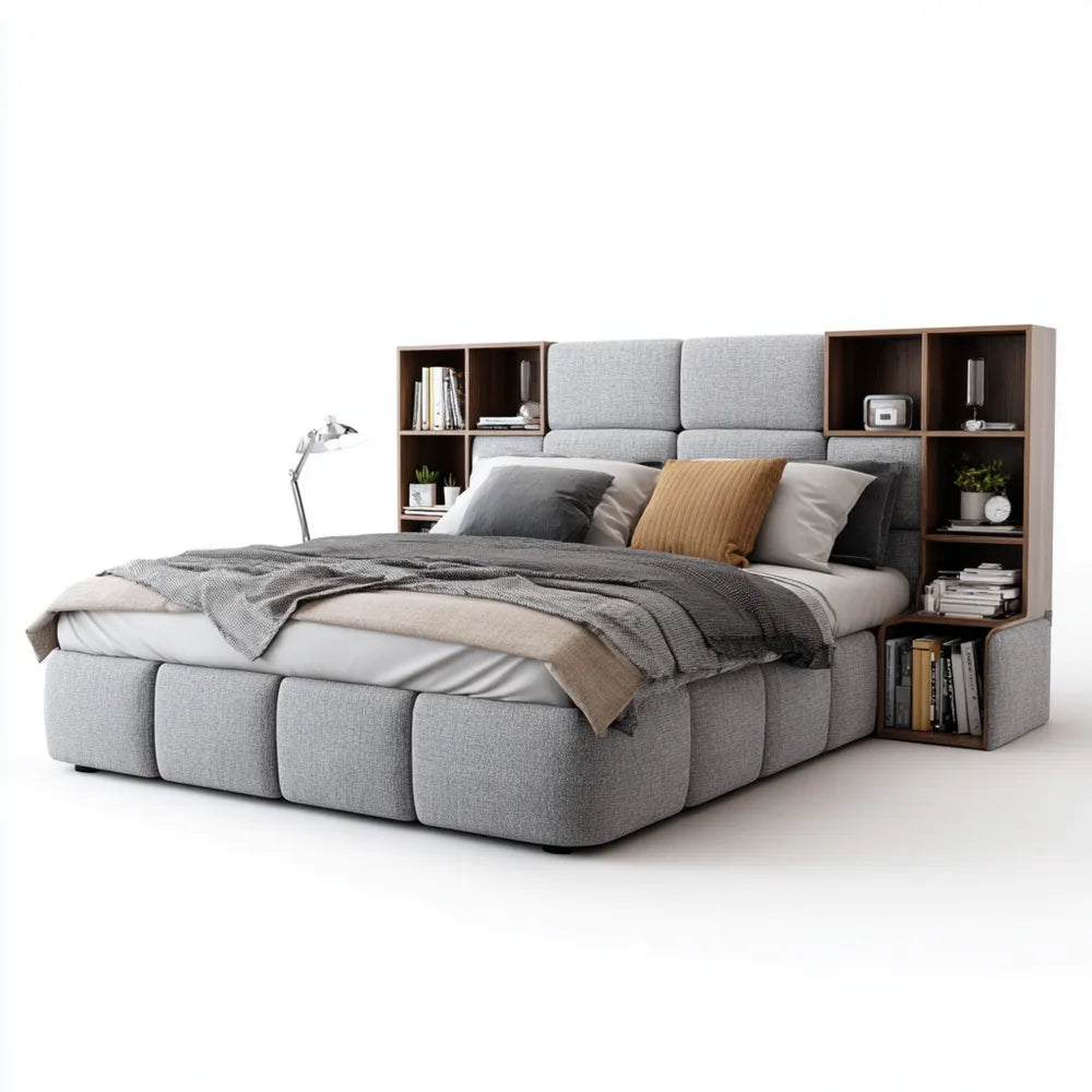 Double Bed Upholstered Fabric with Storage Shelving 200x160x125 cm - Light Gray