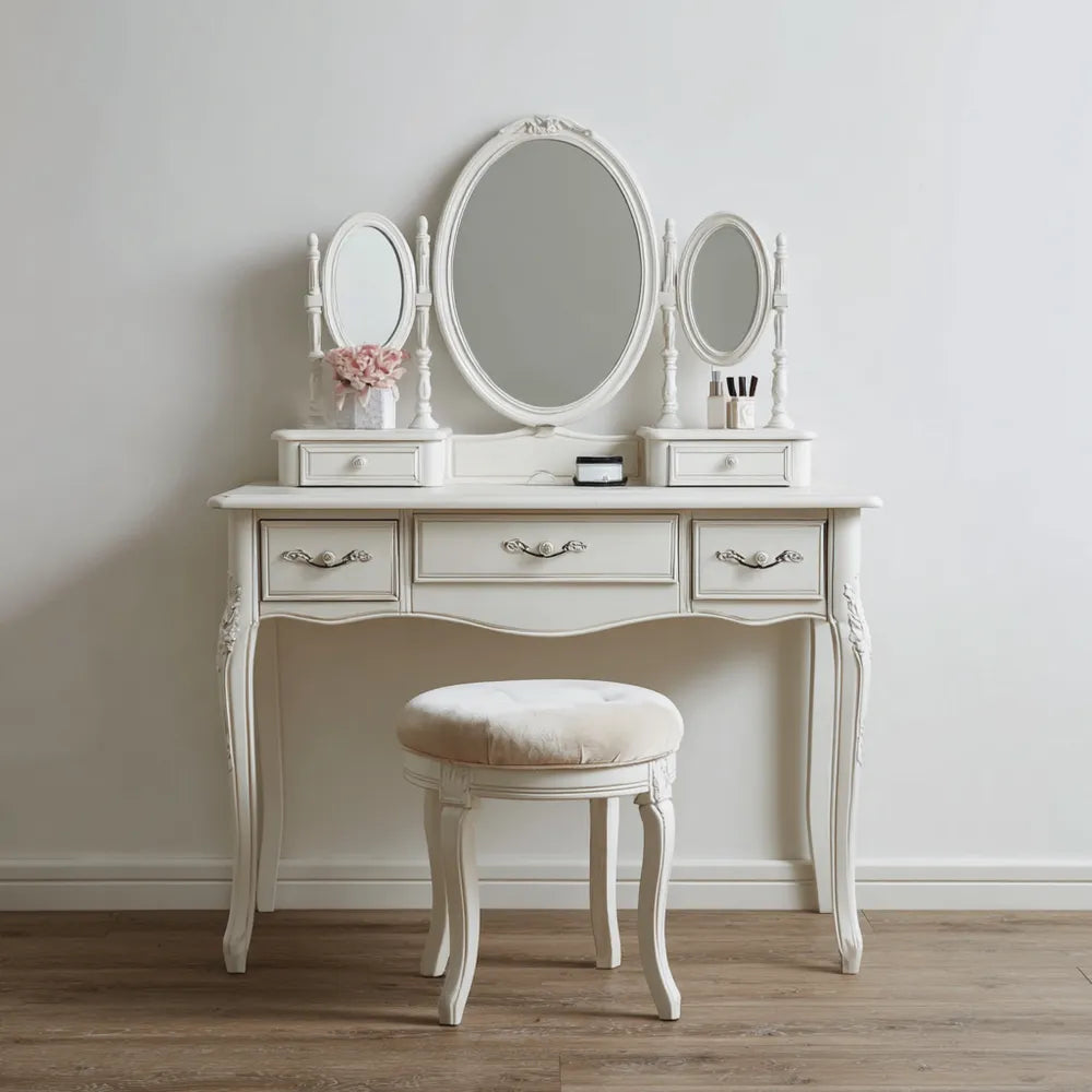 Dressing Table Set with Triple Mirror and Stool – 120x40x75 cm – White – Vintage Style