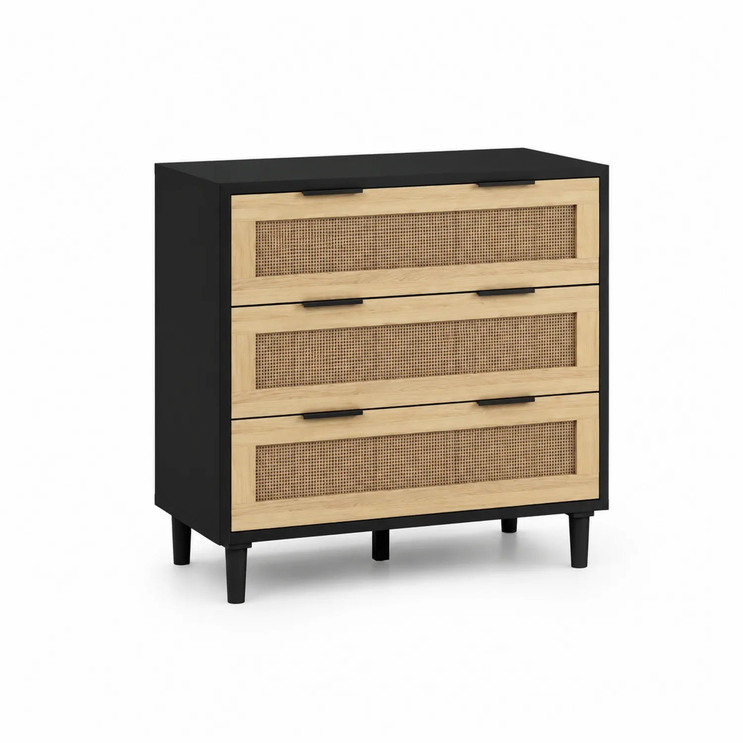 Cómoda de 3 cajones de madera y ratán