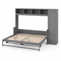 Cama abatible gris con estantería y armario lateral, madera de pino y metal