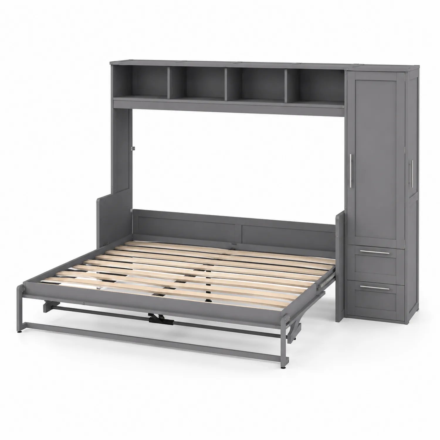 Cama abatible gris con estantería y armario lateral, madera de pino y metal