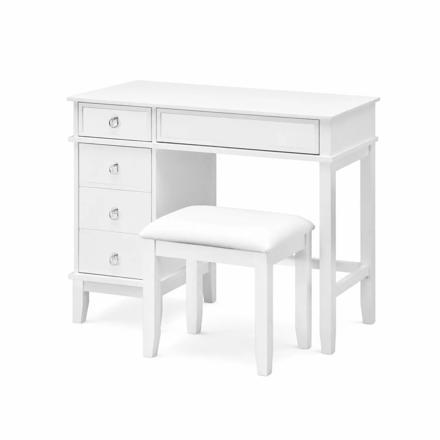 Tocador de madera blanco con taburete y cajones