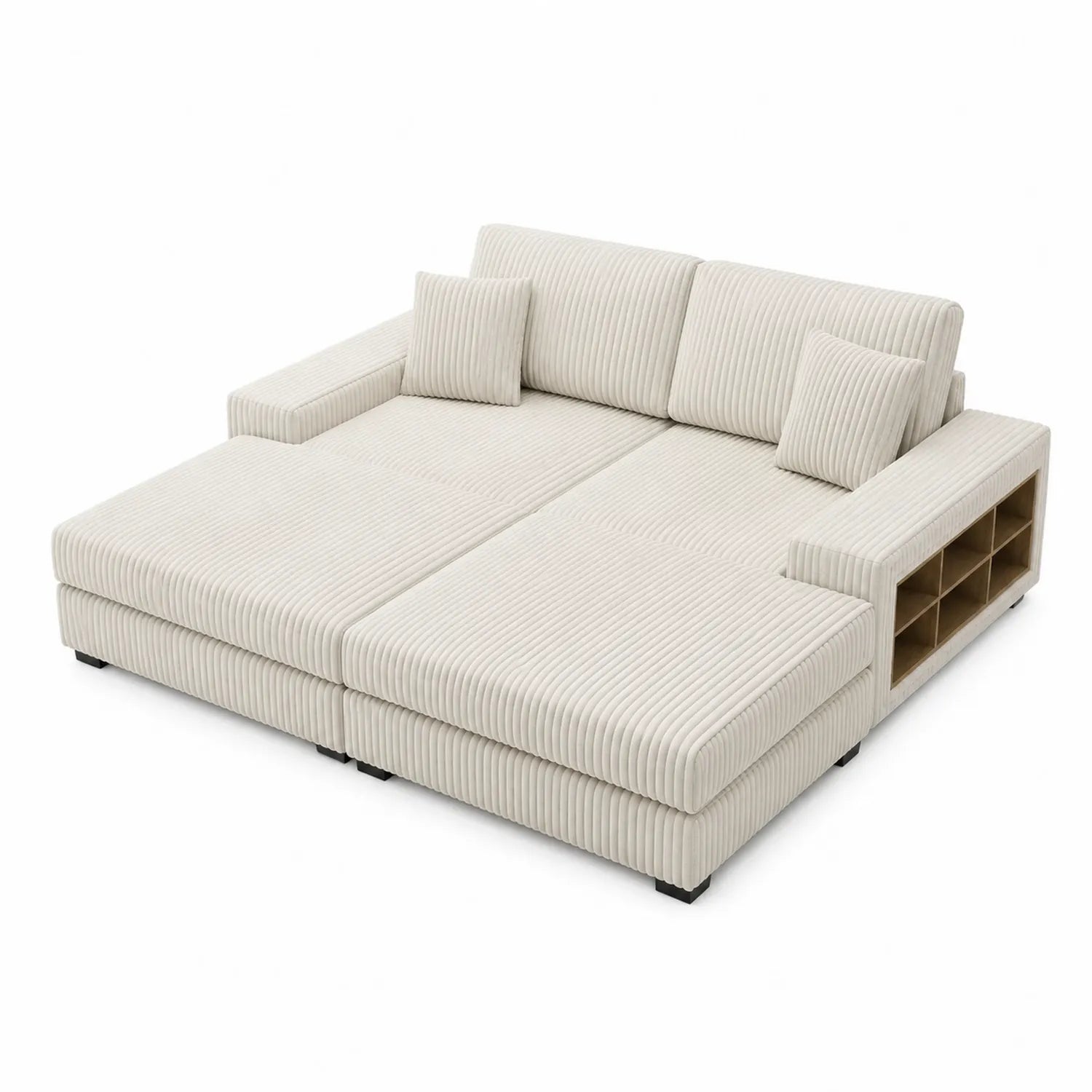 Sofá chaise longue modular con almacenamiento de pana beige