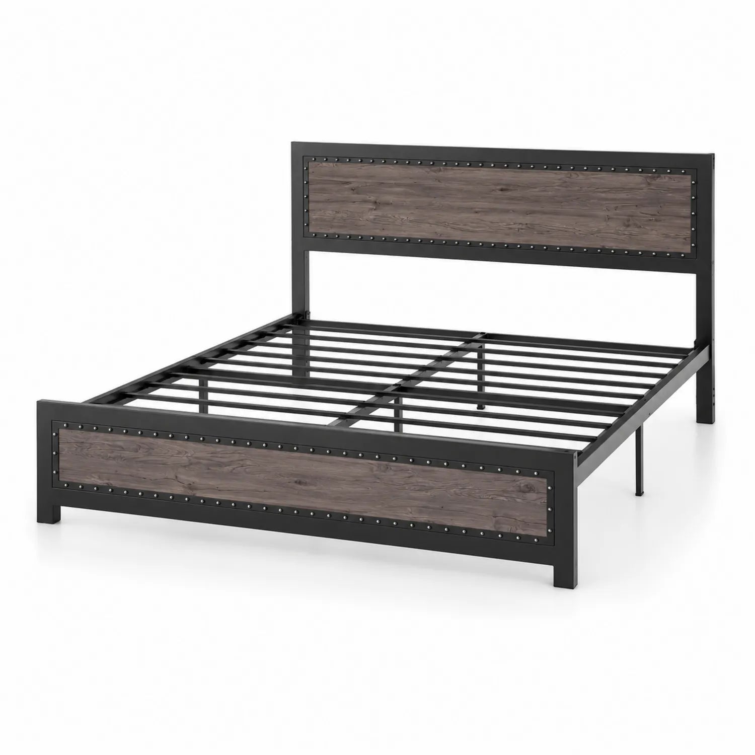 Cama doble de acero y madera laminada 200x160 cm Negro y Marrón