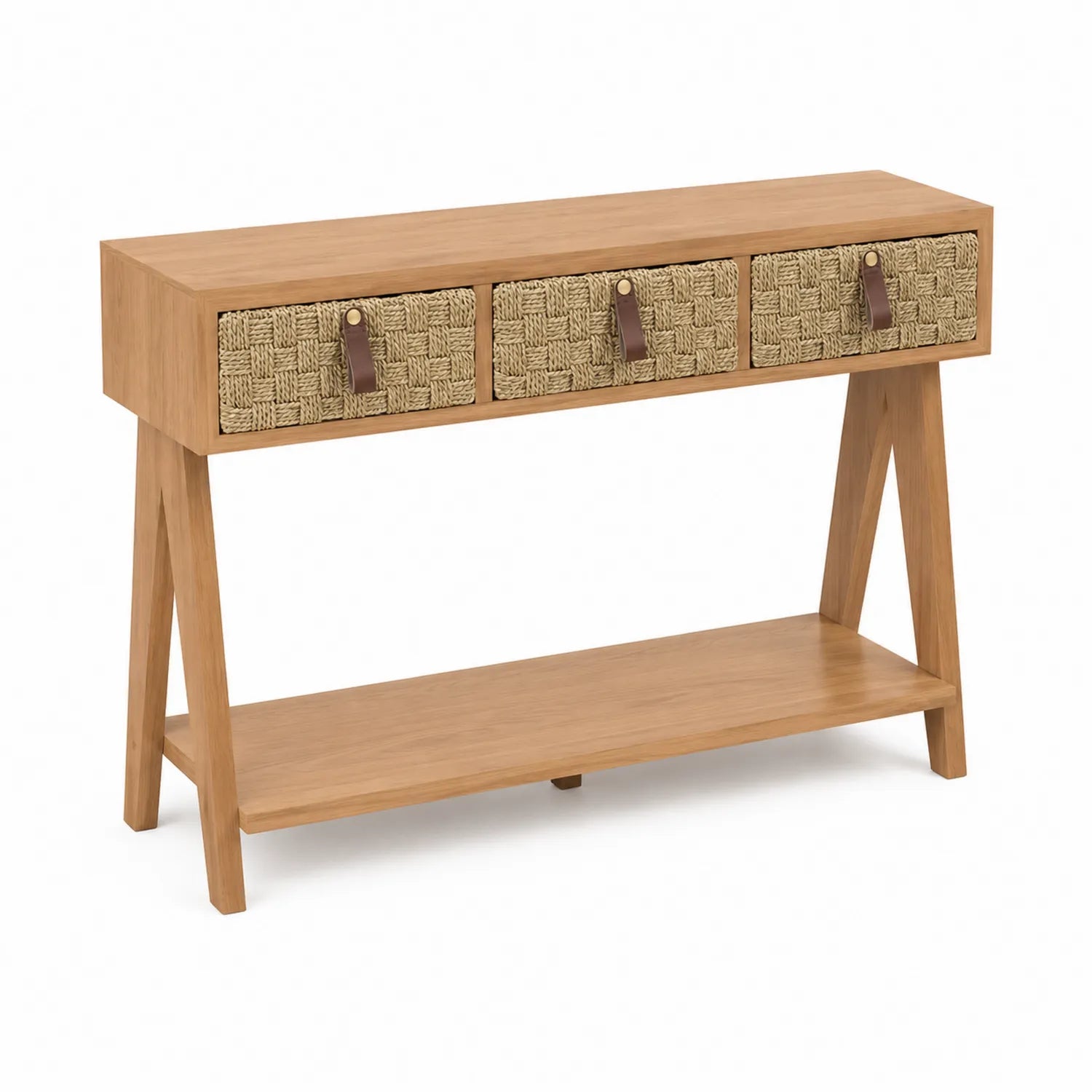 Mesa consola de madera y mimbre