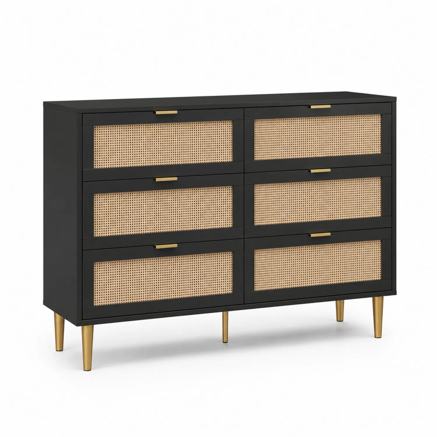 Cómoda de 6 cajones de madera y ratán negro