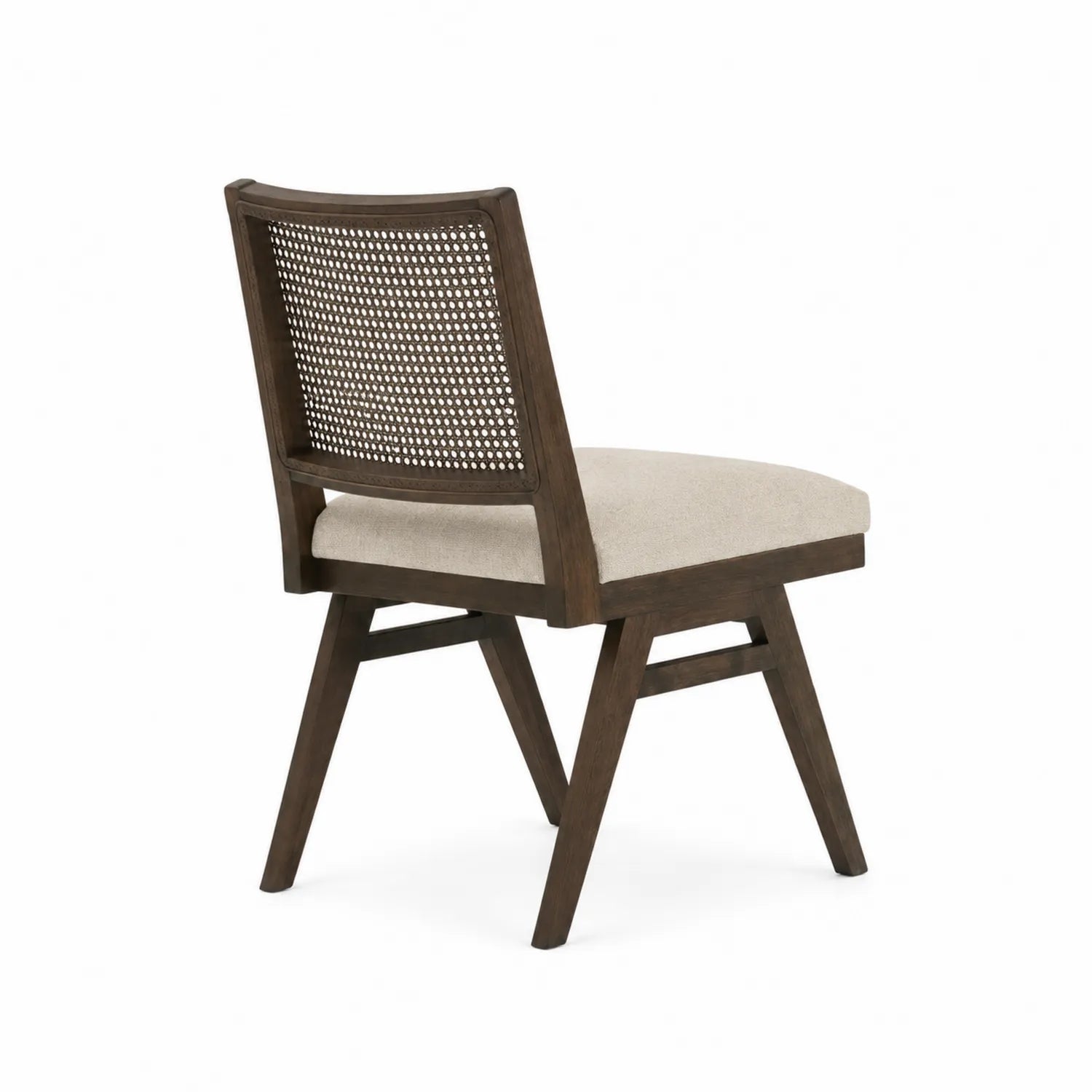 Silla de madera con tapizado de poliéster y respaldo de mimbre