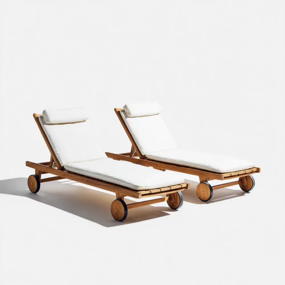 Outdoor Wooden Reclining Patio Chair Set 200 cm x 65 cm x 35 cm with Cushions - Teak - White - Modern Design