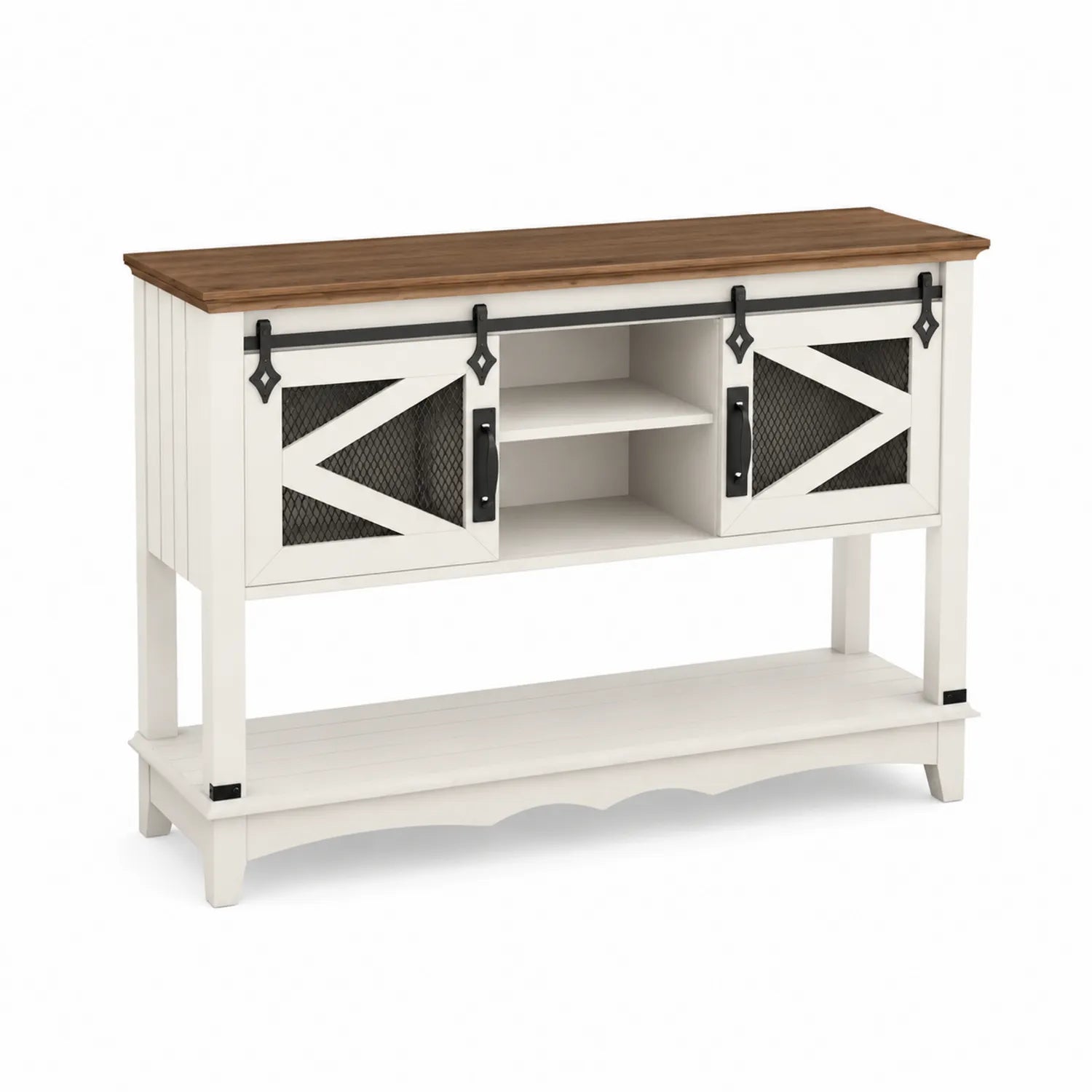Mesa consola de madera con puertas corredizas y malla metálica