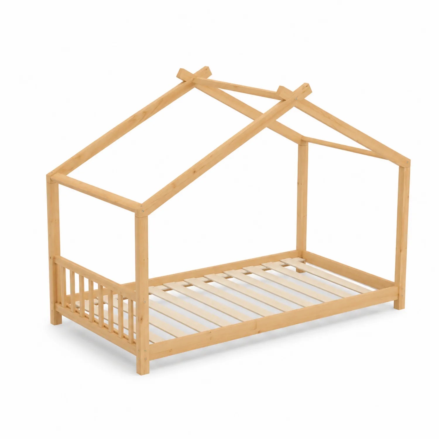 Cama infantil de madera de pino con estructura de casa