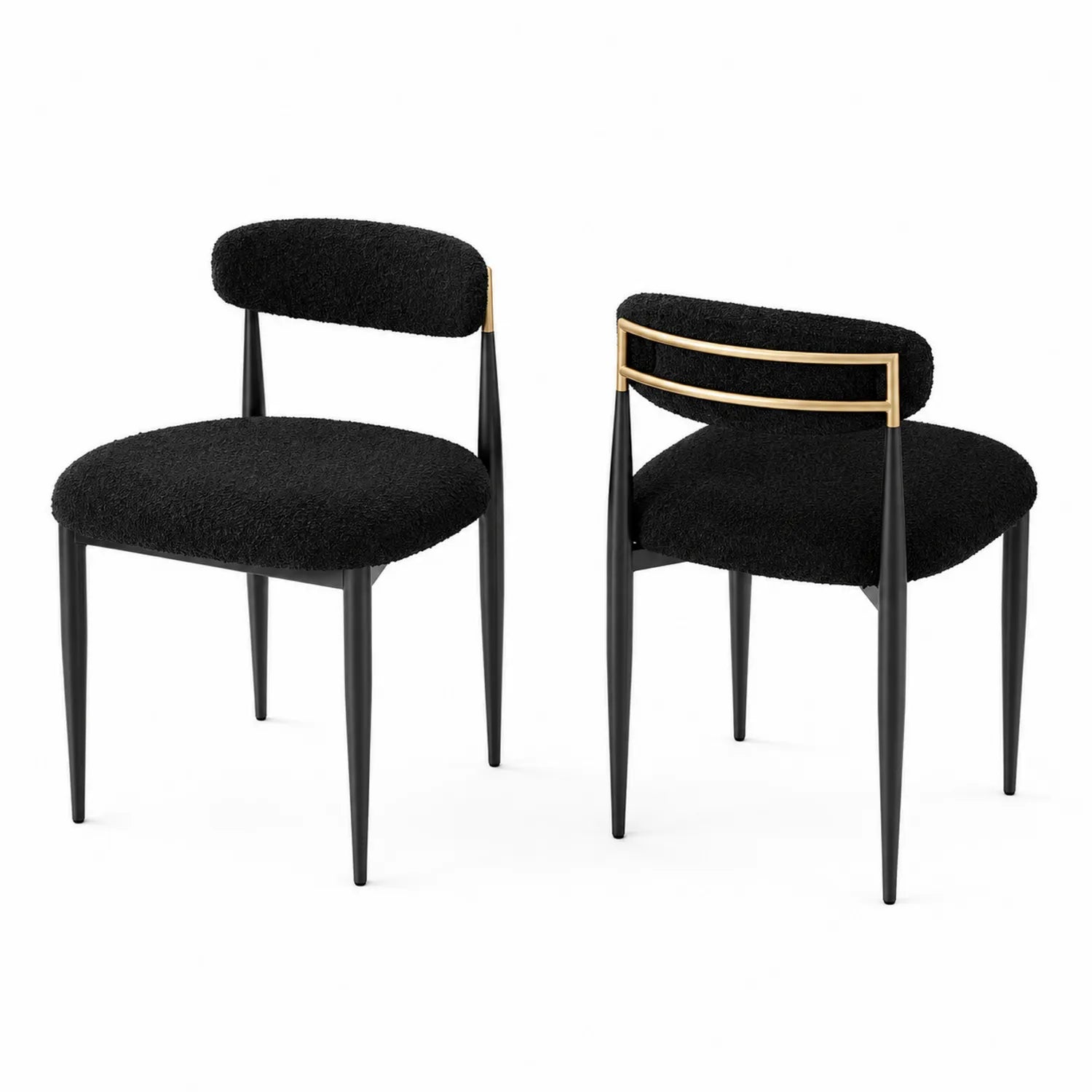 Silla de comedor con tejido boucle negro y patas de metal con detalle dorado