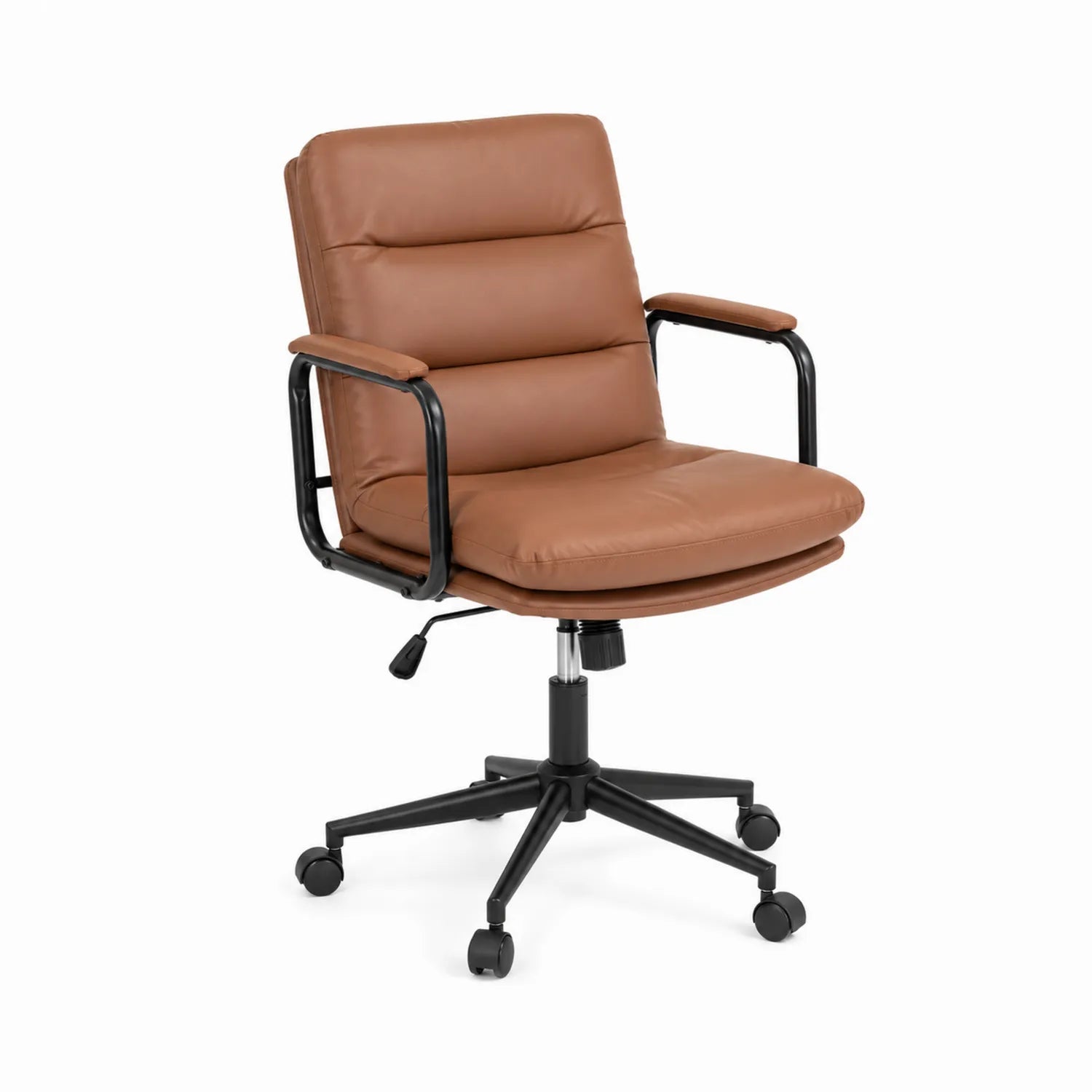 Silla de oficina de cuero sintético marrón con estructura de metal