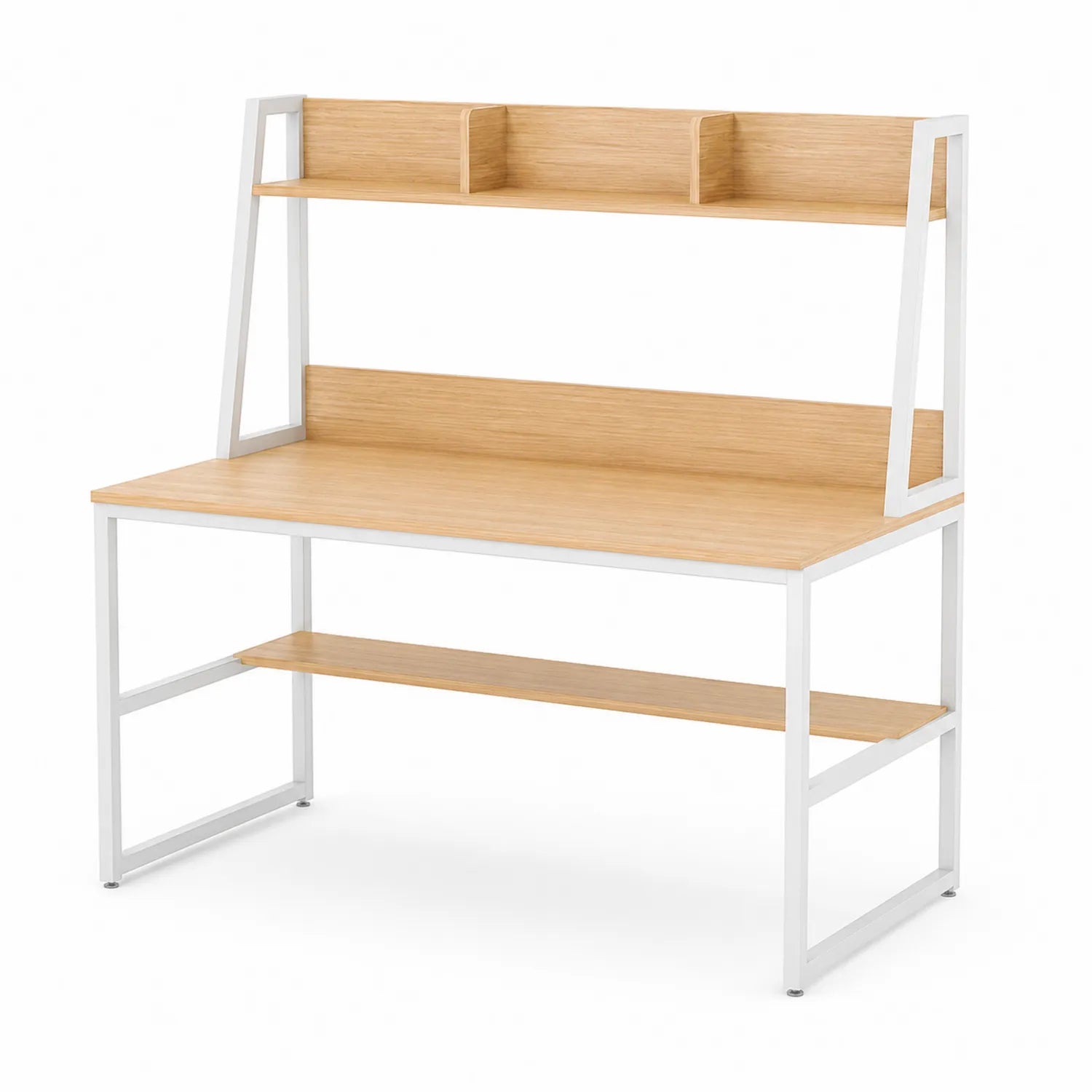 Escritorio de madera con estanterías y estructura de metal blanco 120x60x140 cm