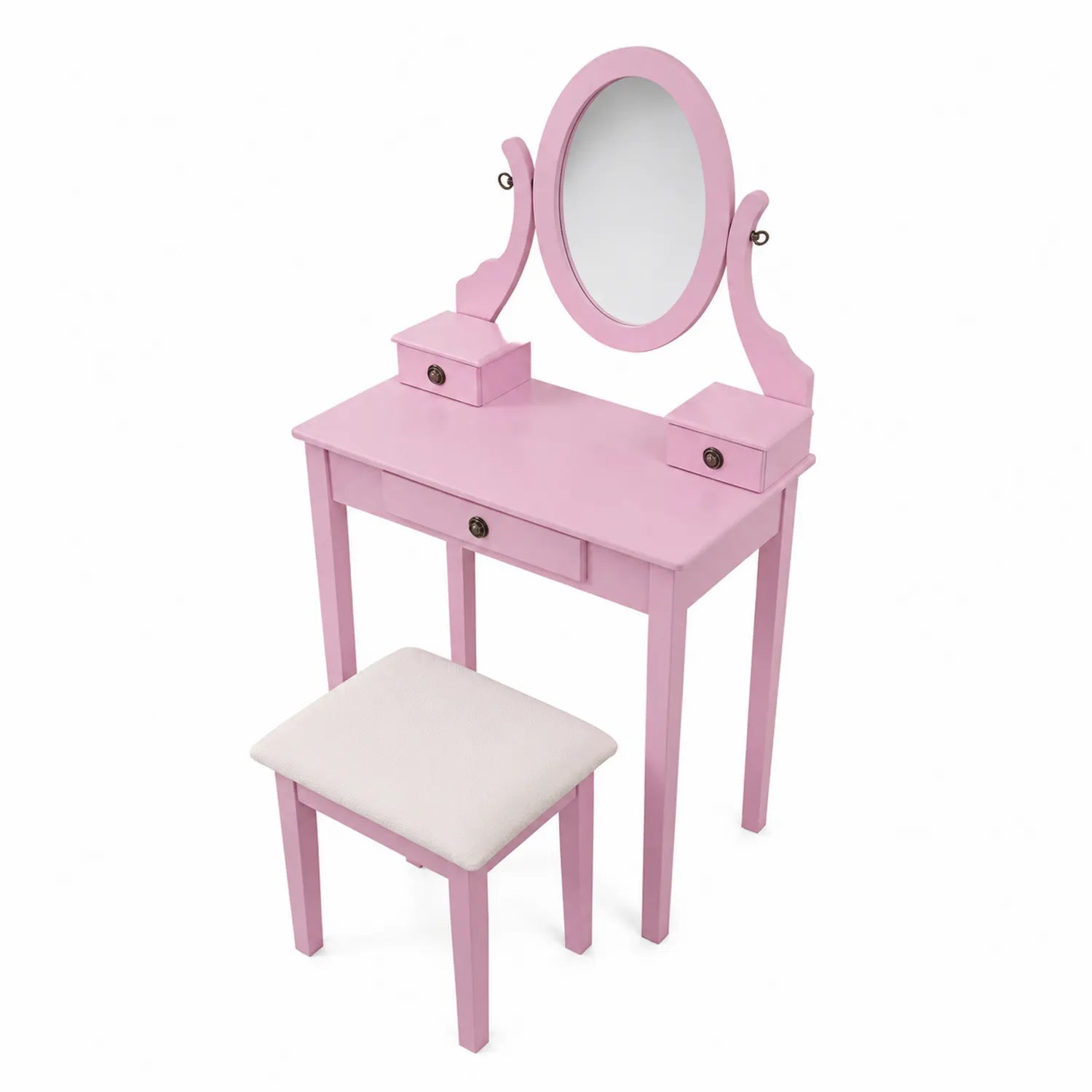 Tocador Infantil de Madera MDF Rosa con Espejo Ovalado y Taburete