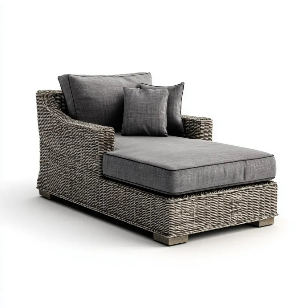 Patio Recliner Wicker Frame 59x31x33.5 inches Grey Cushion Modern Design