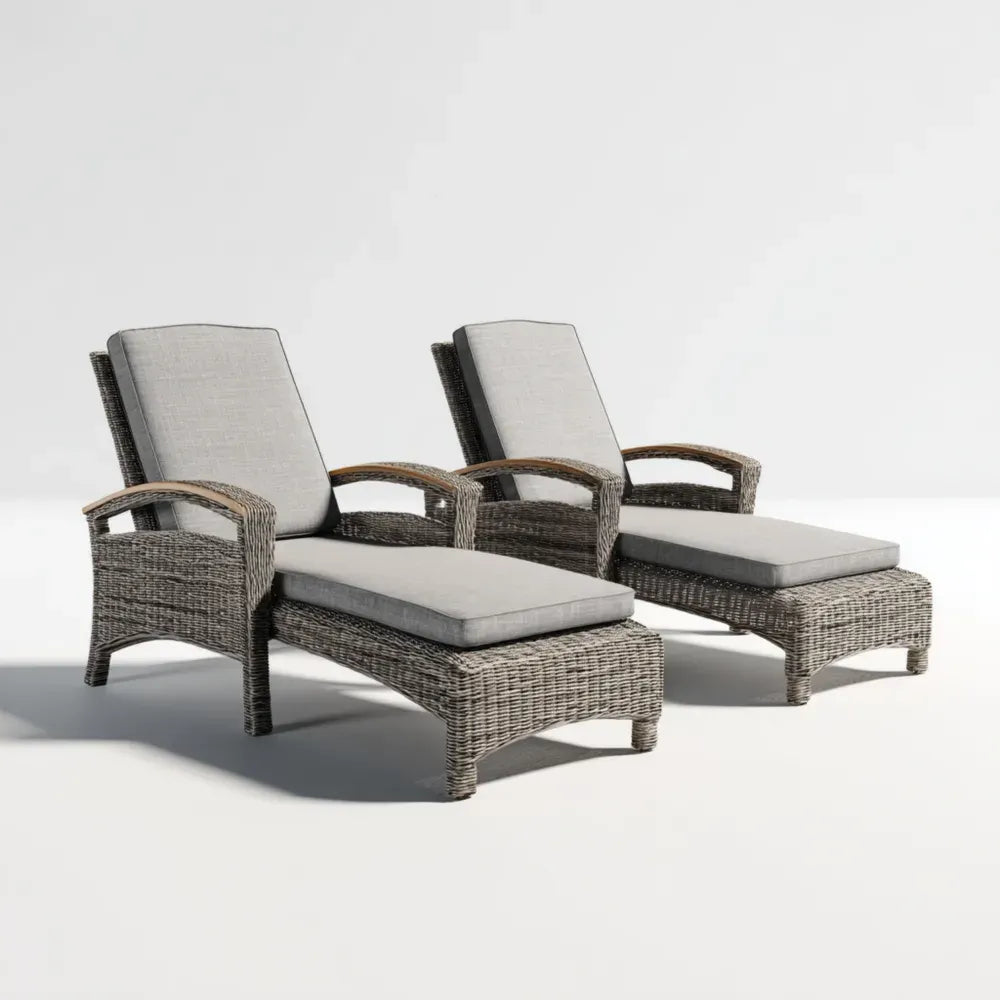 Patio Recliners Set - Wicker Outdoor Furniture with Cushions - 65cm x 120cm x 100cm - Gray