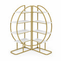 Estantería circular de metal dorado con estantes blancos