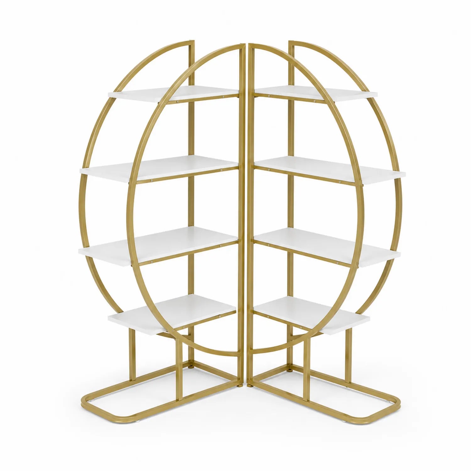 Estantería circular de metal dorado con estantes blancos