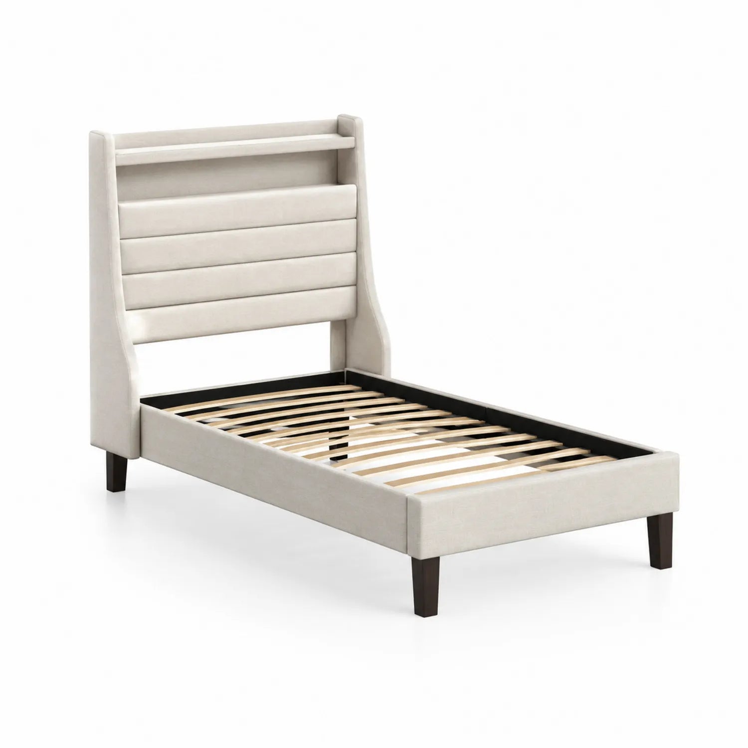 Cama individual tapizada de tela beige con cabecero y somier de madera