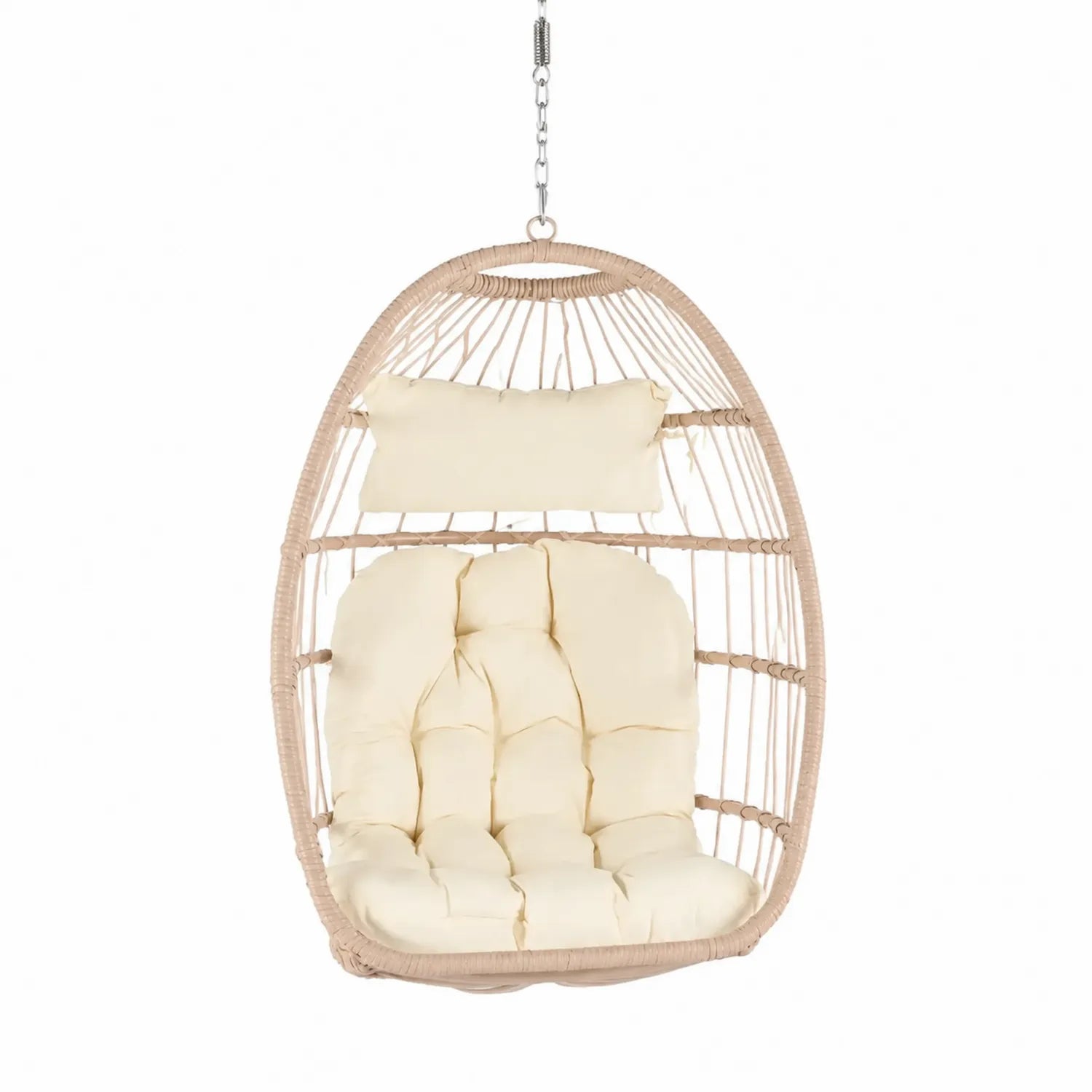 Silla colgante de ratán beige con cojines crema