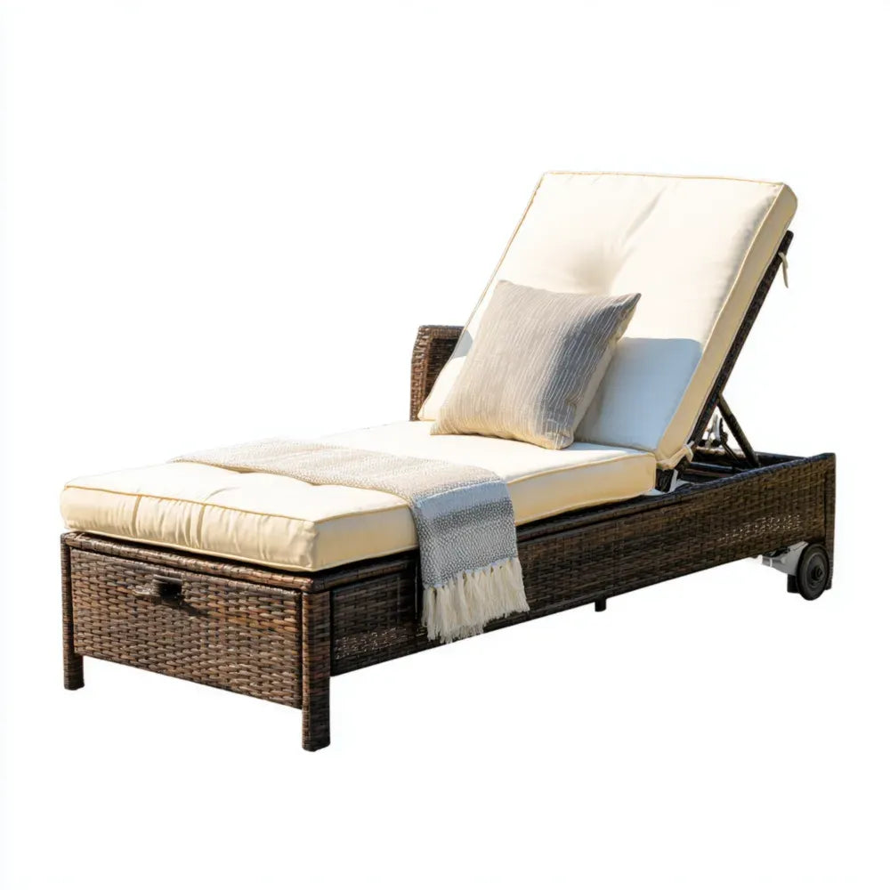 Patio Recliner Wicker Adjustable Chaise Lounge Chair 200x65x35 cm - Beige Cushions - Outdoor