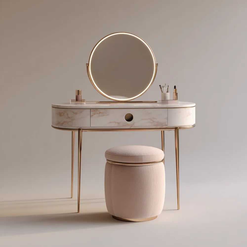 Vanity Table Set 120x50x140 cm - Marble Finish with LED Mirror - Modern Luxury Design