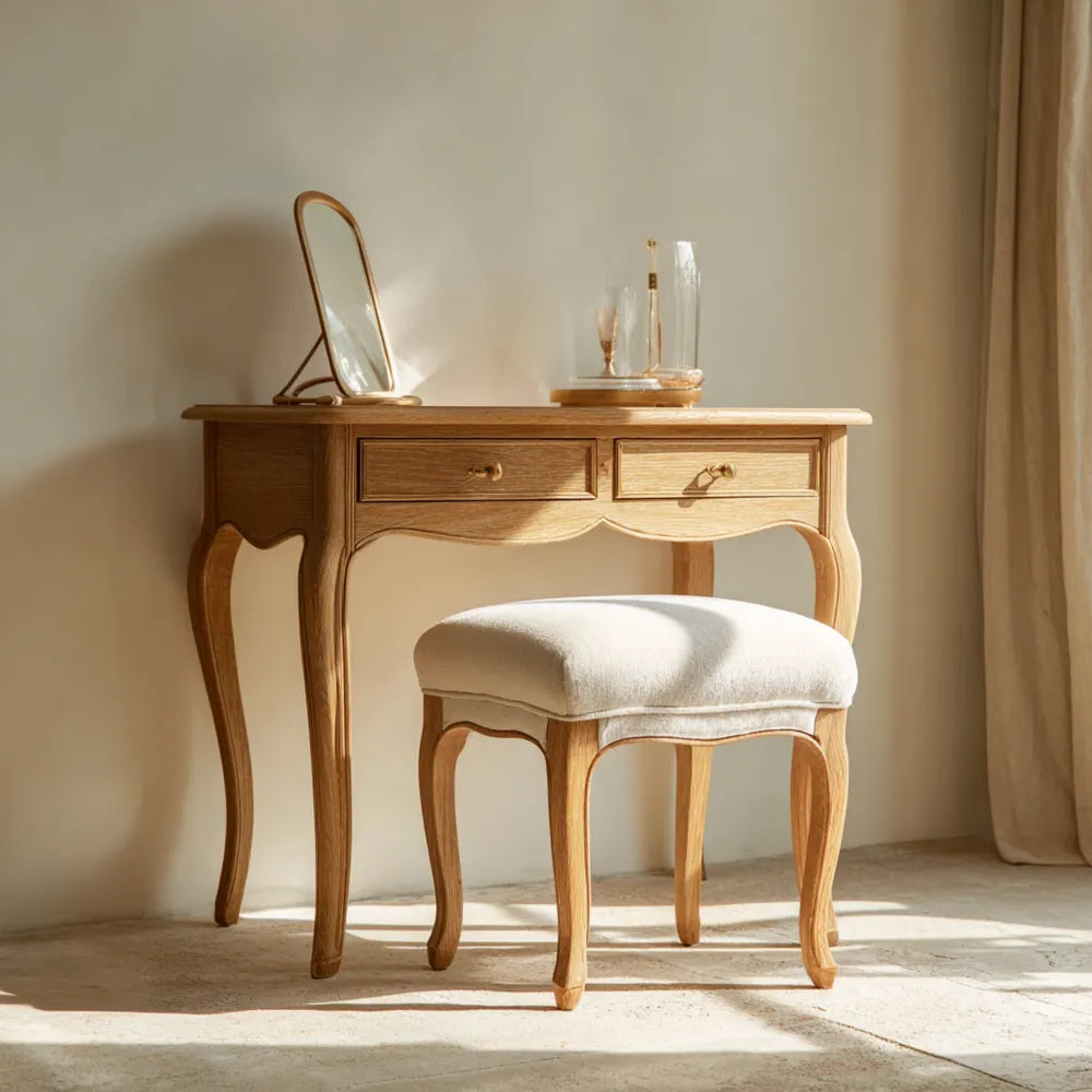 Wooden Dressing Table Set with Stool - 100x40x76 cm Table and 45x35x45 cm Stool - Natural Oak Finish - Classic Design