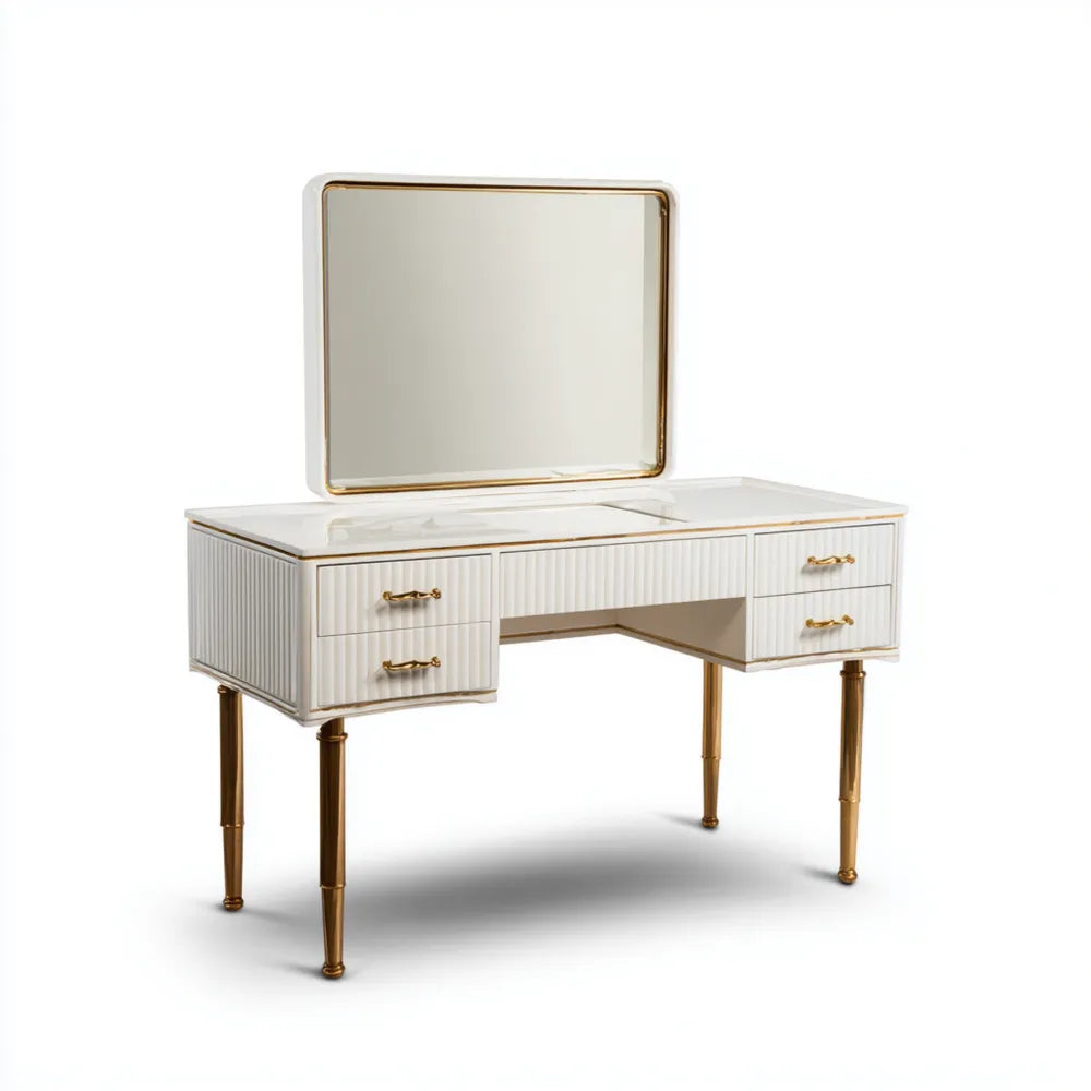 Dressing Table Vanity Set with Mirror - 120x45x142 cm - White and Gold Finish with Storage Drawers