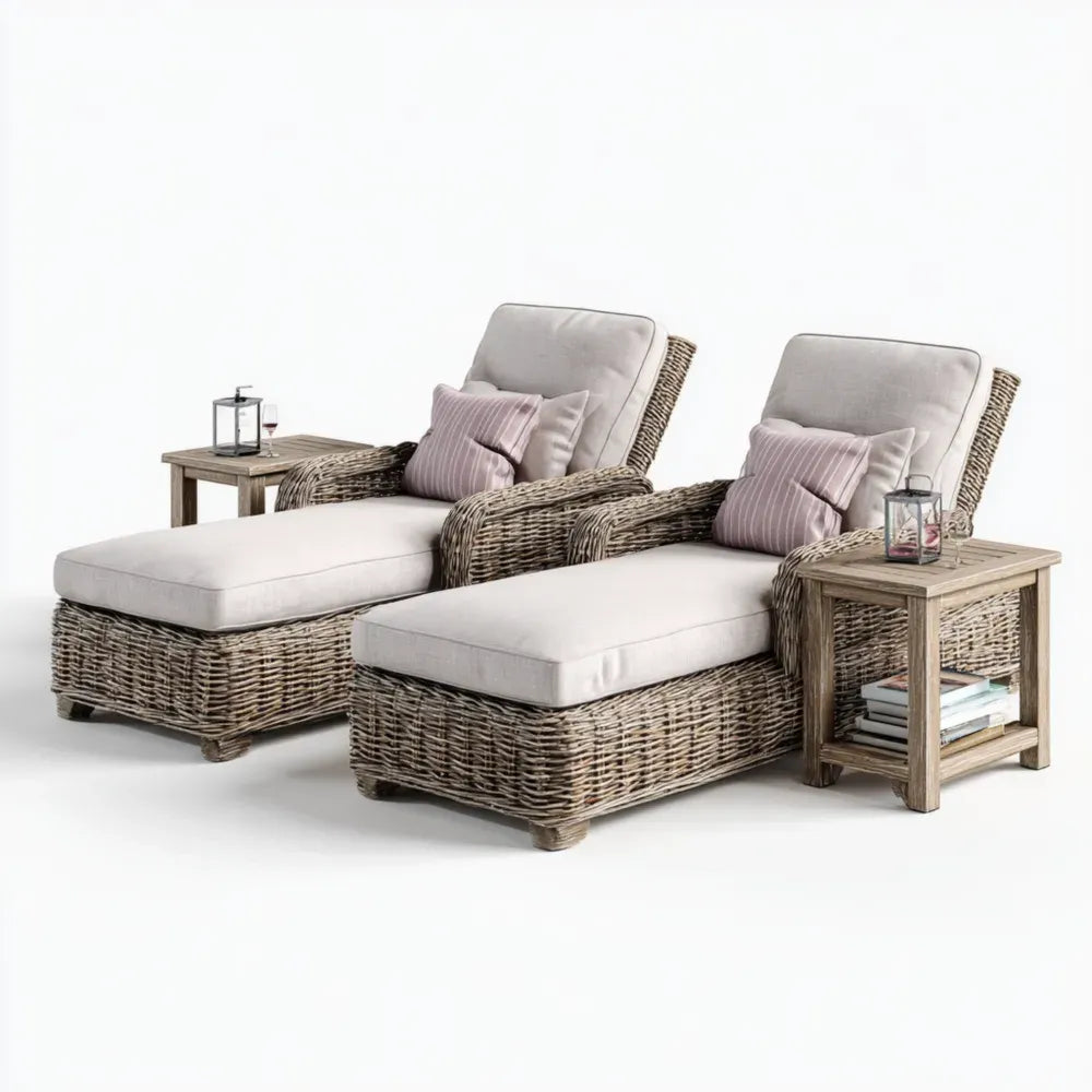 Patio Recliner Set - Rattan Wicker 2-Piece 190x75x90 cm Cream Cushions - Contemporary Style